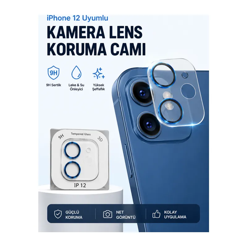 iPhone 12 Kamera Lens Koruyucu 9H Temperli Cam Mavi