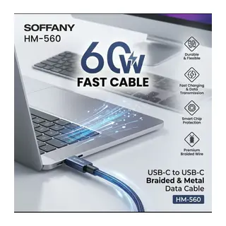 Soffany HM-560 60W Fast USB-C to USB-C Örgülü Şarj Kablosu