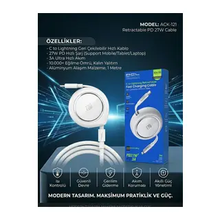 27W 3A Geri Çekilebilir (Retractable) Type-C to Lightning Hızlı Şarj ve Veri Kablosu (1 Metre)