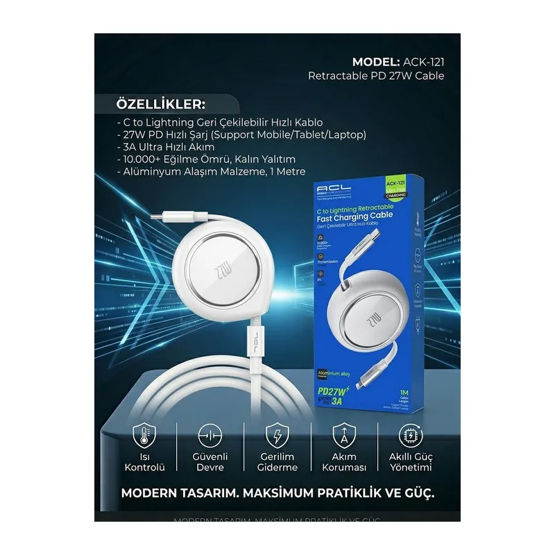 27W 3A Geri Çekilebilir (Retractable) Type-C to Lightning Hızlı Şarj ve Veri Kablosu (1 Metre)