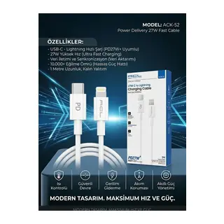ACL ACK-52: 27W PD Hızlı Şarj USB-C to Lightning Kablo