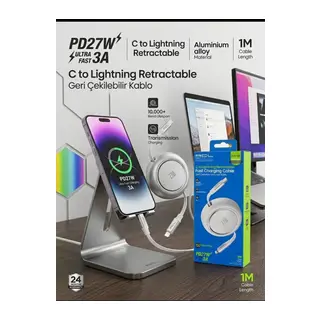 ACL ACK-121: 27W PD Geri Çekilebilir Type-C Lightning Kablo