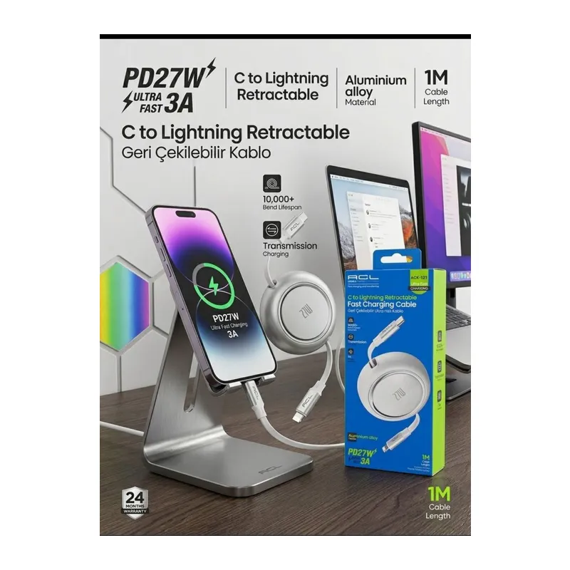 ACL ACK-121: 27W PD Geri Çekilebilir Type-C Lightning Kablo