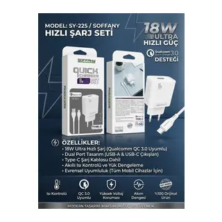 Soffany SY-225 18W Çift Çıkışlı Hızlı Şarj Adaptörü + Type-C Kablolu Şarj Seti