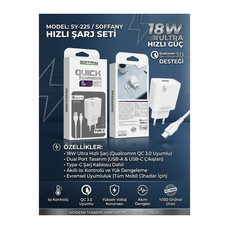 Soffany SY-225 18W Çift Çıkışlı Hızlı Şarj Adaptörü + Type-C Kablolu Şarj Seti