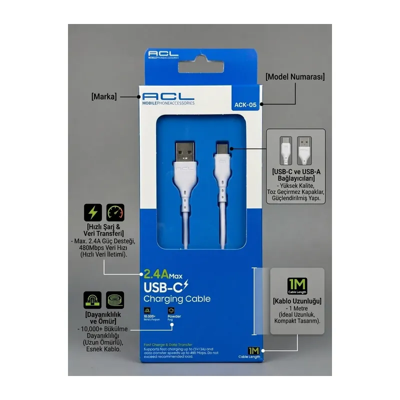 ACL ACK-05 2.4A USB-C Hızlı Şarj Kablosu 1 Metre