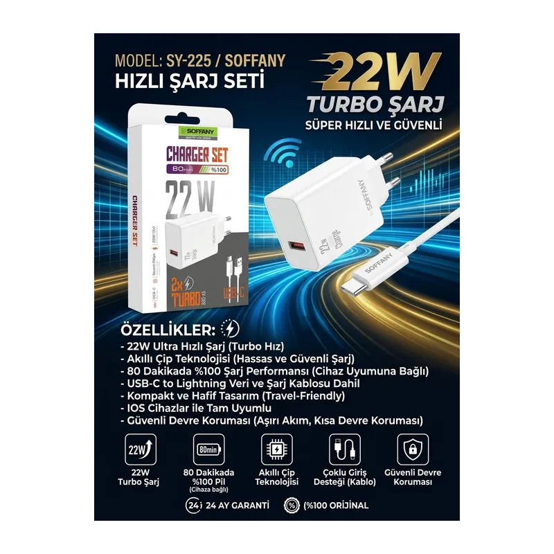 Soffany SY-225 22W Süper Hızlı Turbo Şarj Adaptörü
