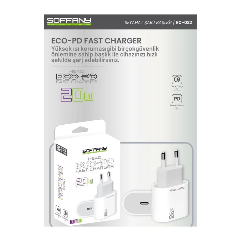 Soffany EC-022 ECO-PD 20W Süper Hızlı Şarj Adaptörü