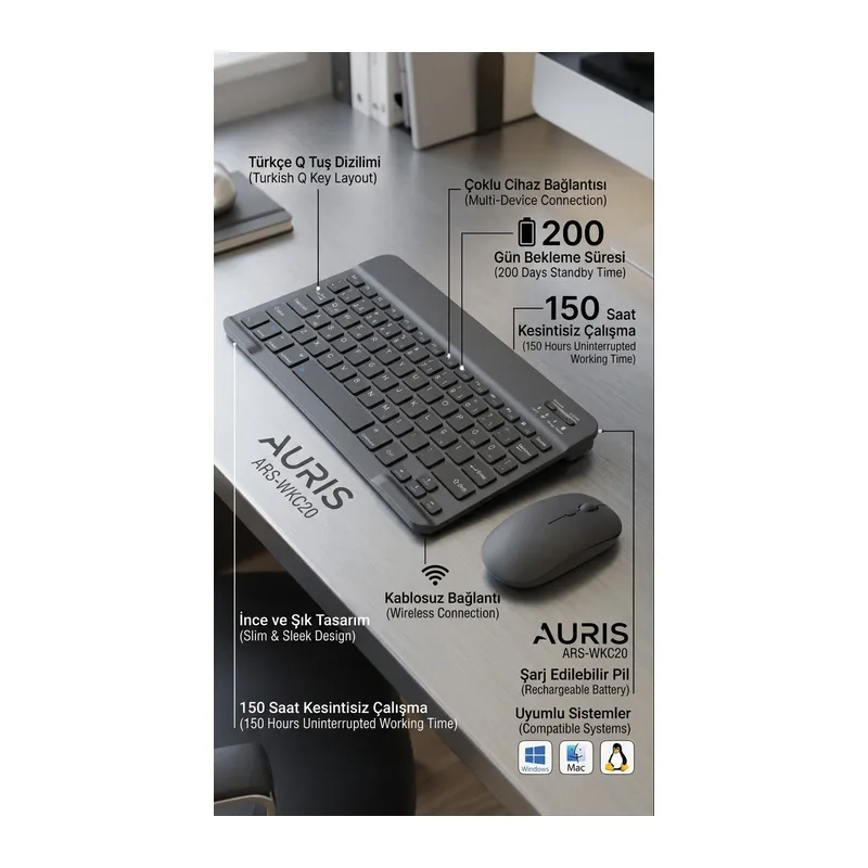 ARS-WKC20 Kablosuz Bluetooth Klavye ve Fare Seti