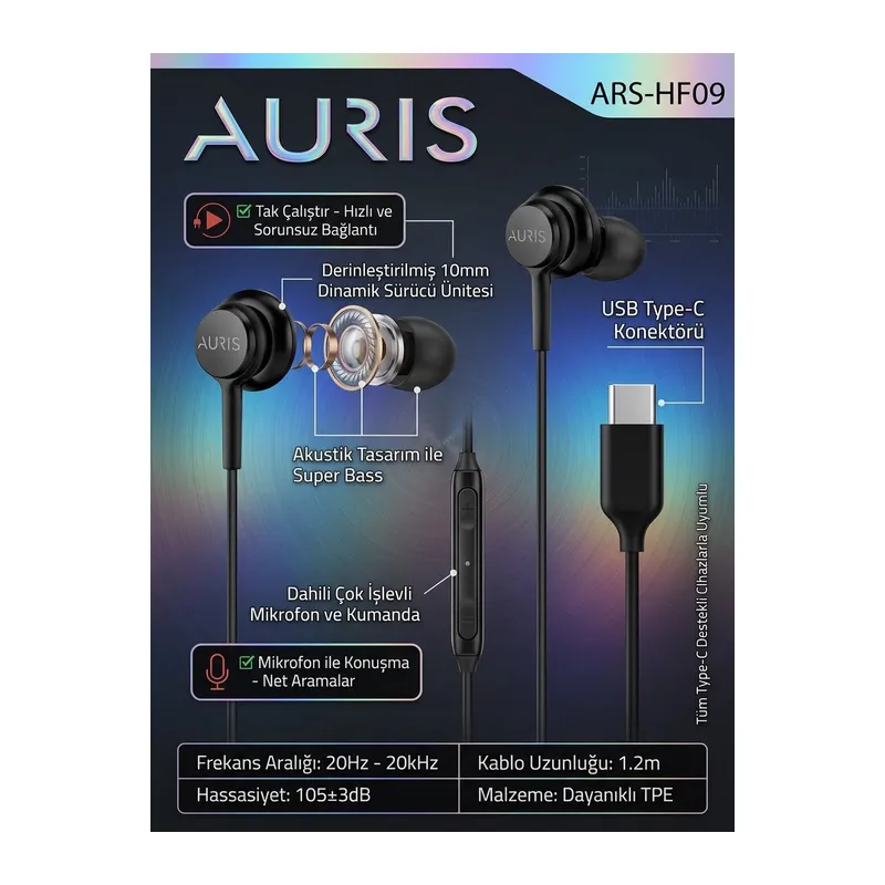 ARS-HF09 Type-C Konektörlü Mikrofonlu Kulak İçi Kulaklık