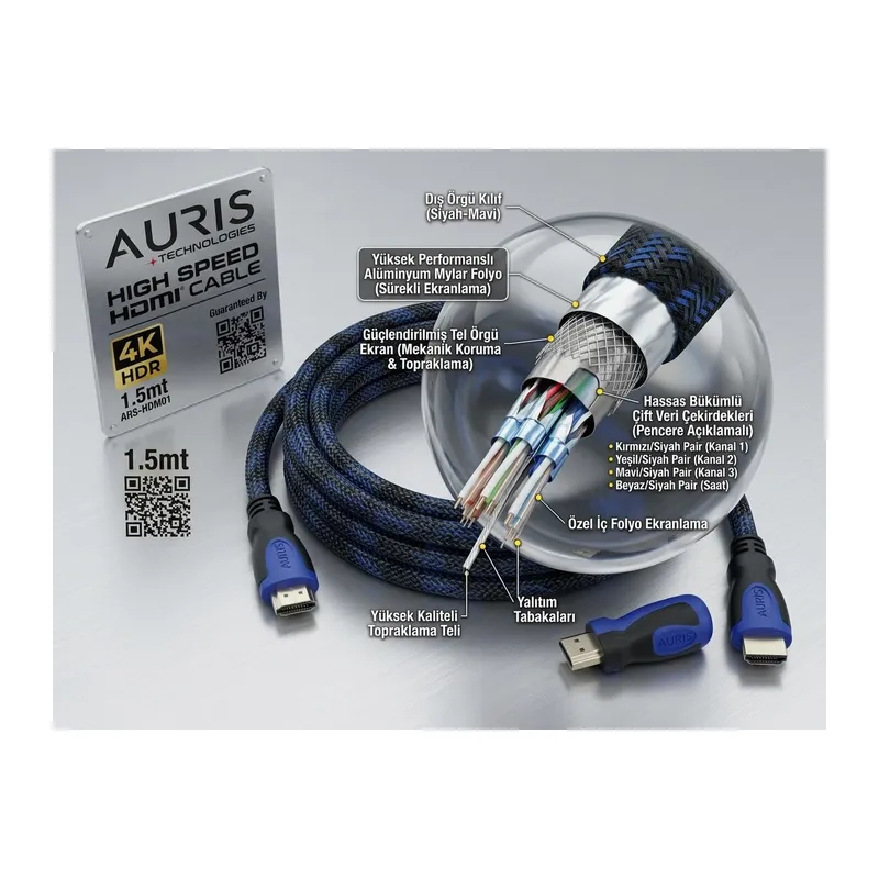 Auris ARS-HDMI01 4K HDR High Speed Örgülü HDMI Kablo – 1.5 Metre