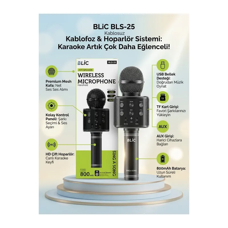 800mAh Bataryalı Taşınabilir Kablosuz Karaoke Hoparlörlü Mikrofon