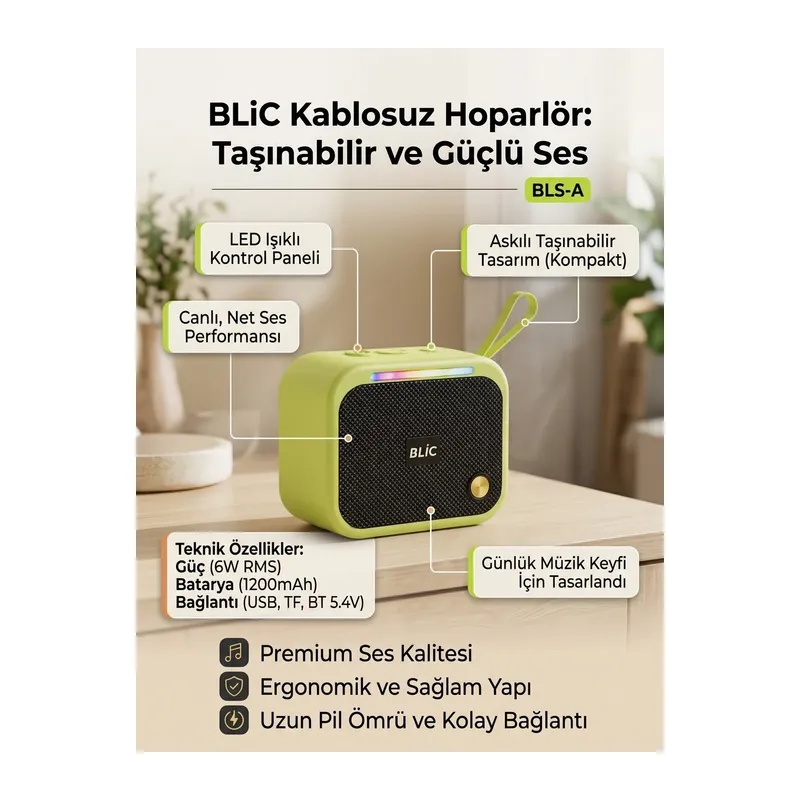 6W RMS Bluetooth 5.4 Taşınabilir Kablosuz Hoparlör