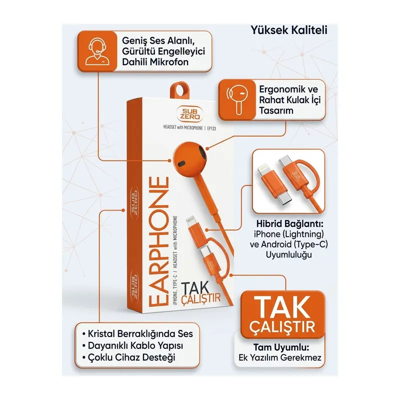 Mikrofonlu Tak Çalıştır iPhone & Android Uyumlu Kulaklık