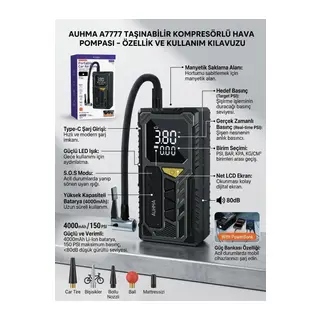 50 PSI Dijital Ekranlı Kompresörlü Akıllı Araç ve Bisiklet Hava Pompası