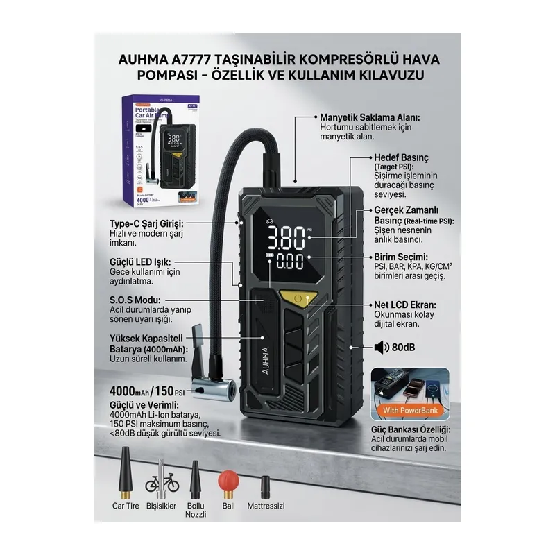 50 PSI Dijital Ekranlı Kompresörlü Akıllı Araç ve Bisiklet Hava Pompası
