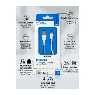 ACK-50 2.4A Ultra Hızlı Şarj ve Veri Kablosu - 2M