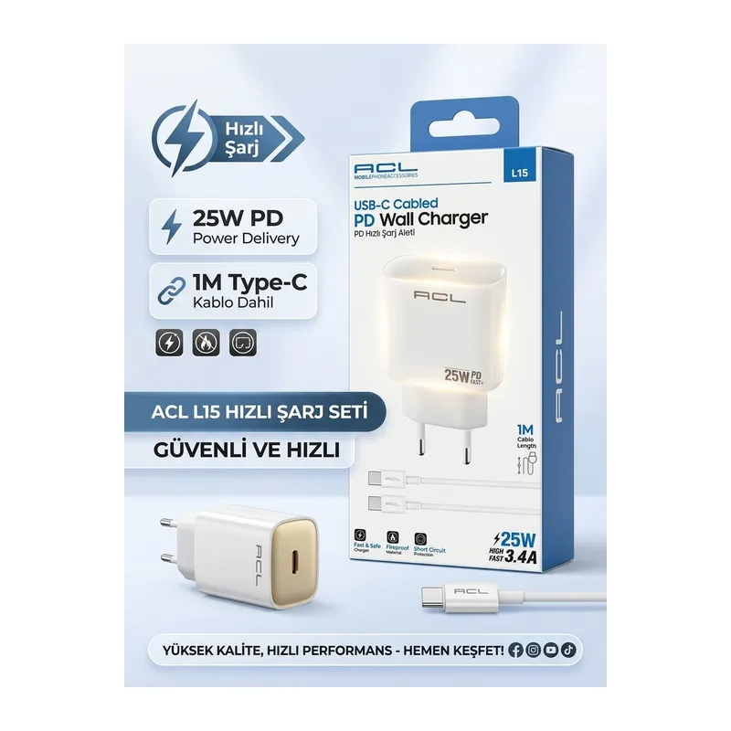 ACL L15 25W PD Hızlı Şarj Cihazı + 1m Type-C Kablo Seti