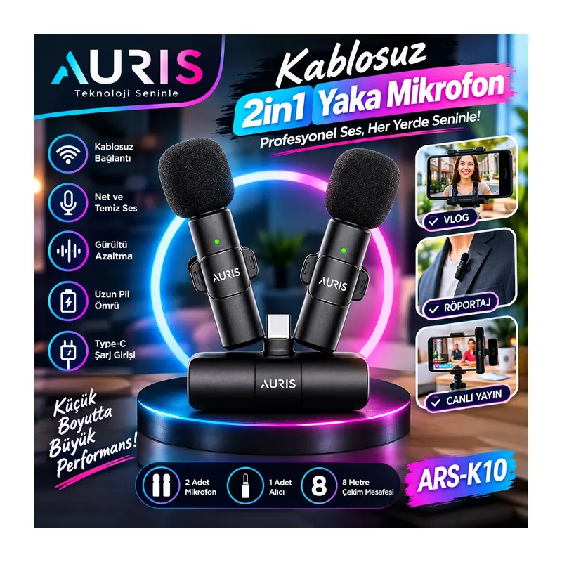 Kablosuz İkili Yaka Mikrofonu 2in1 Type-C