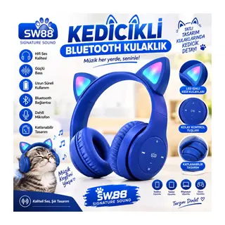 Kedicikli LED Işıklı Bluetooth Kulaklık Mavi