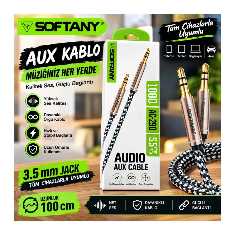 Softany AC-290 Hasır Örgü 3.5 mm AUX Kablosu (1 Metre)
