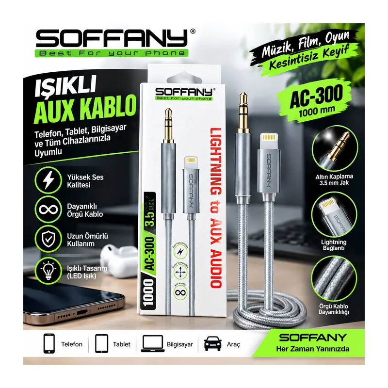 Soffany AC-300 Işıklı Hasır Örgü Lightning AUX Kablosu (1 Metre)