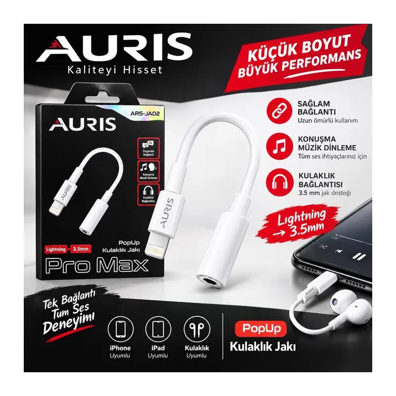 Auris ARS-JA02 Lightning 3.5 mm Kulaklık ve Ses Dönüştürücü Jak