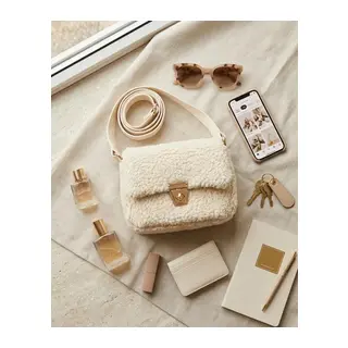 Krem Peluş Görünümlü Kadın Omuz ve Çapraz Askılı Çanta 18x14 cm