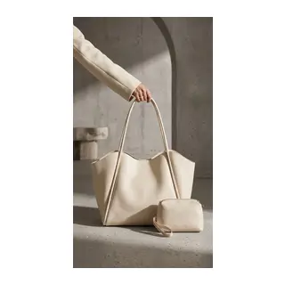 Krem Yumuşak Deri Omuz Çantası 31x24 cm Ekstra Makyaj Çantalı Günlük Kadın Çanta