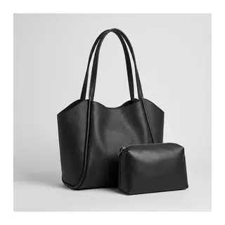 Kadın Siyah Yumuşak Deri Omuz Çantası 30x25 cm Ekstra Makyaj Çantalı