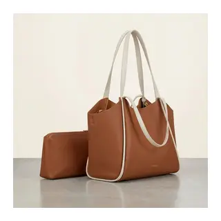 Kadın Kahve Krem Yumuşak Deri Omuz Çantası 30x25 cm Ekstra Makyaj Çantalı