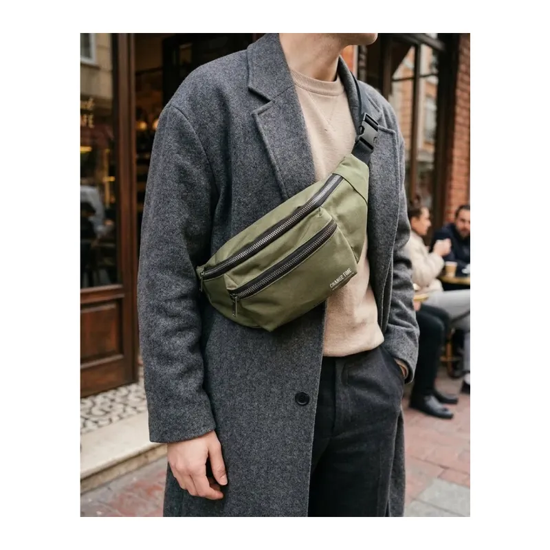 Haki Unisex Bel Çantası Çapraz Askılı Günlük Kullanım Fermuarlı 30x13 cm