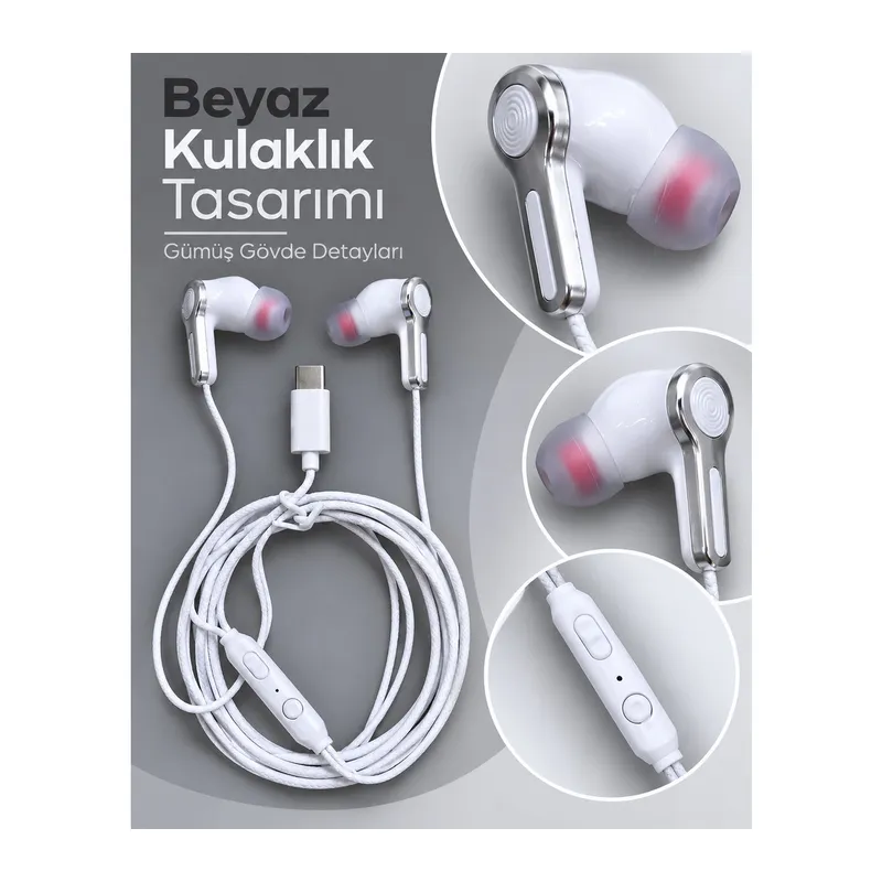 Örgülü Kablo Tasarımlı Kumandalı Beyaz Type C Kulaklık