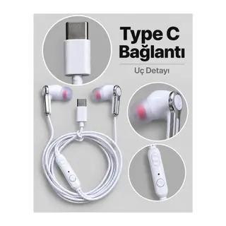 Kumandalı ve Silikon Başlıklı Beyaz Type C Kablolu Kulaklık