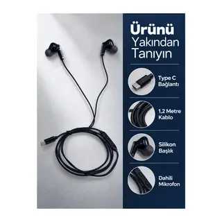 Dahili Mikrofonlu Type C Kablolu Kulaklık Siyah Gövde