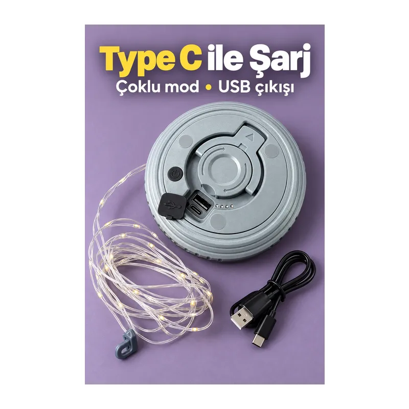 LED Şeritli Kamp Işığı Type C Şarj Girişli