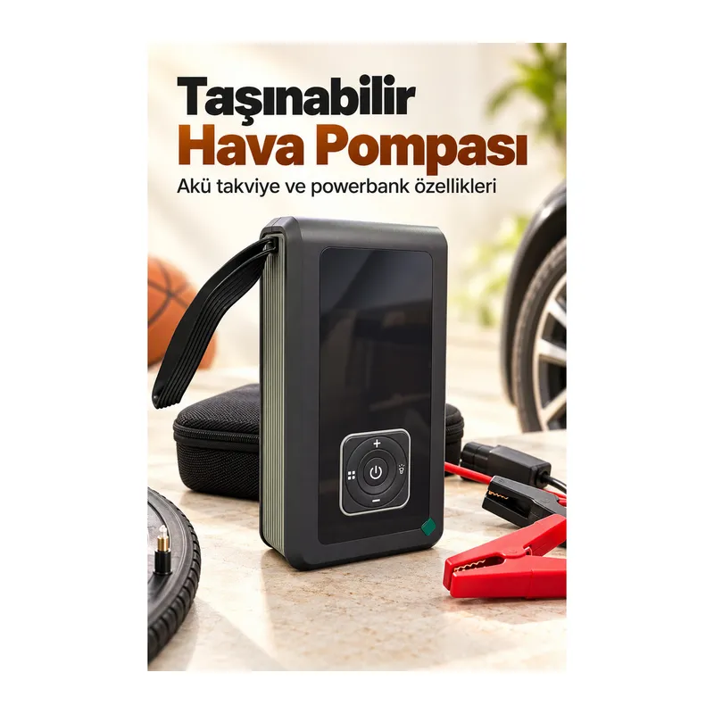 Powerbank Özellikli Akü Takviye Cihazı ve Taşınabilir Hava Pompası