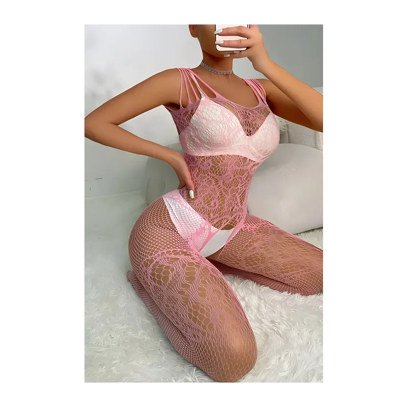 Pembe Askılı Dantel Detaylı File Vücut Çorabı TM1453