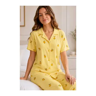 Sarı Limon Desenli Kısa Kollu Gömlek Yaka Milan Kumaş Kadın Pijama Takımı