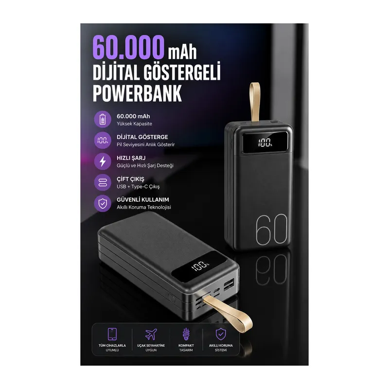 Powerbank 60.000 Mah Hızlı Şarj 4 Çıkışlı Uzun Şarj Süreli Dijital Göstergeli