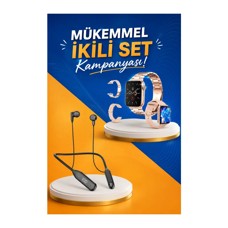 Kablolu Bluetooth Kulaklık ve Kadınlara Özel Bileklik Hediyeli Yeni Nesil Akıllı Saat 3 Kordonlu