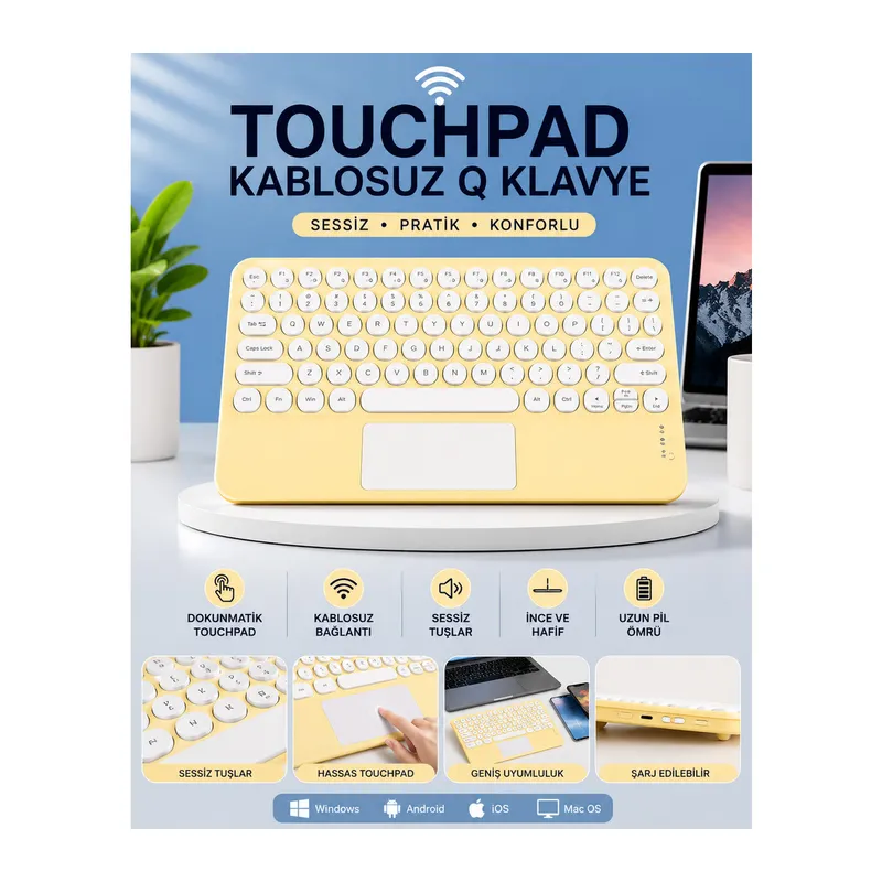 Touchpad Tüm Cihazlara Uyumlu Bluetooth Klavye Touchpad Slim Kablosuz Wifi Q Klavye