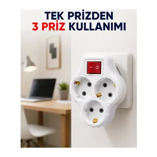 Tek Prizi 3’lü Yapan Anahtarlı Priz Adaptörü Topraklı Priz Çoğaltıcı