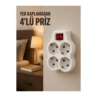 4’lü Priz Çoğaltıcı Açma Kapama Anahtarlı Kablosuz Duvar Tipi Priz Adaptörü