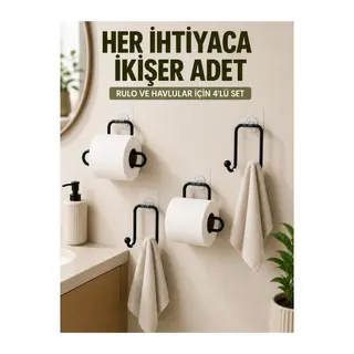 Yapışkanlı Banyo Düzenleme Seti 2 Rulo Tutucu 2 Havlu Askılığı 4 Parça