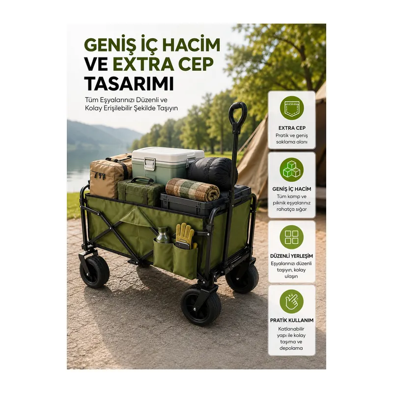 Geniş İç Hacimli Fren Sistemli Katlanabilir Kamp ve Piknik Arabası