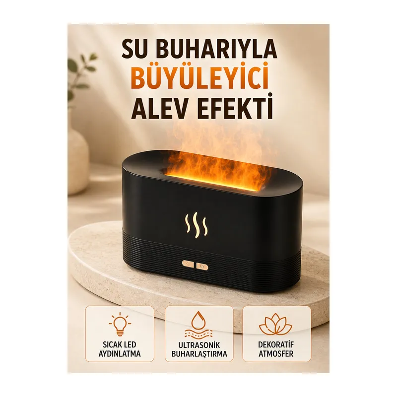 LED Alev Efektli Hava Nemlendirici 9 12 Saat Kullanımlı Aroma Difüzörü