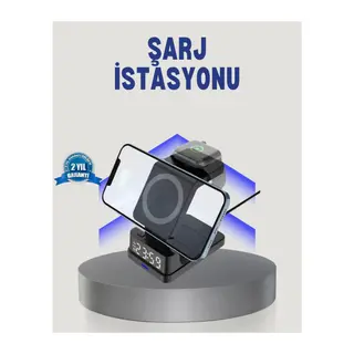 Kablosuz Şarj Cihazı ve Dijital Saat 4’ü 1 Arada Hızlı Şarj, LED Işıklı Tasarım