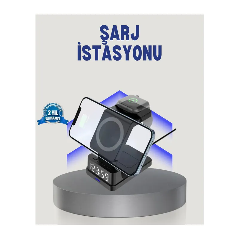 Kablosuz Şarj Cihazı ve Dijital Saat 4’ü 1 Arada Hızlı Şarj, LED Işıklı Tasarım
