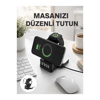 Kablosuz Şarjlı Dijital Masa Saati – 3 Parlaklık Seviyeli LED, Hızlı Şarj Yeni Nesil